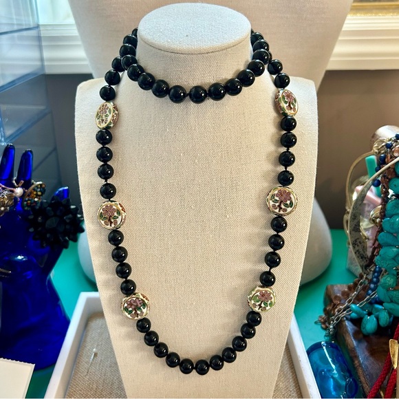 Vintage Onyx & Cloisonné Necklace | Lovely & Romantic - Picture 14 of 17